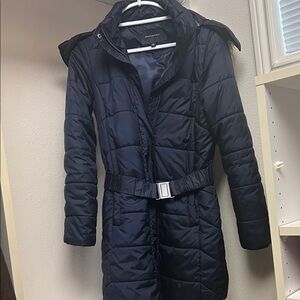 Banana Republic Navy Belted Puffer Coat with removable hoodie